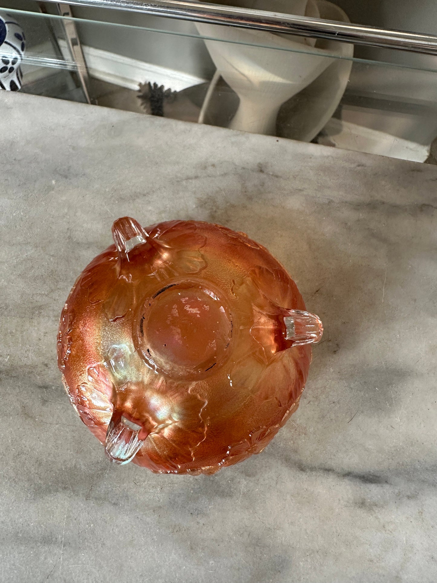 Antique Northwood Marigold Carnival Glass Rose Bowl: Wild Rose, Open Edge, Three Footed