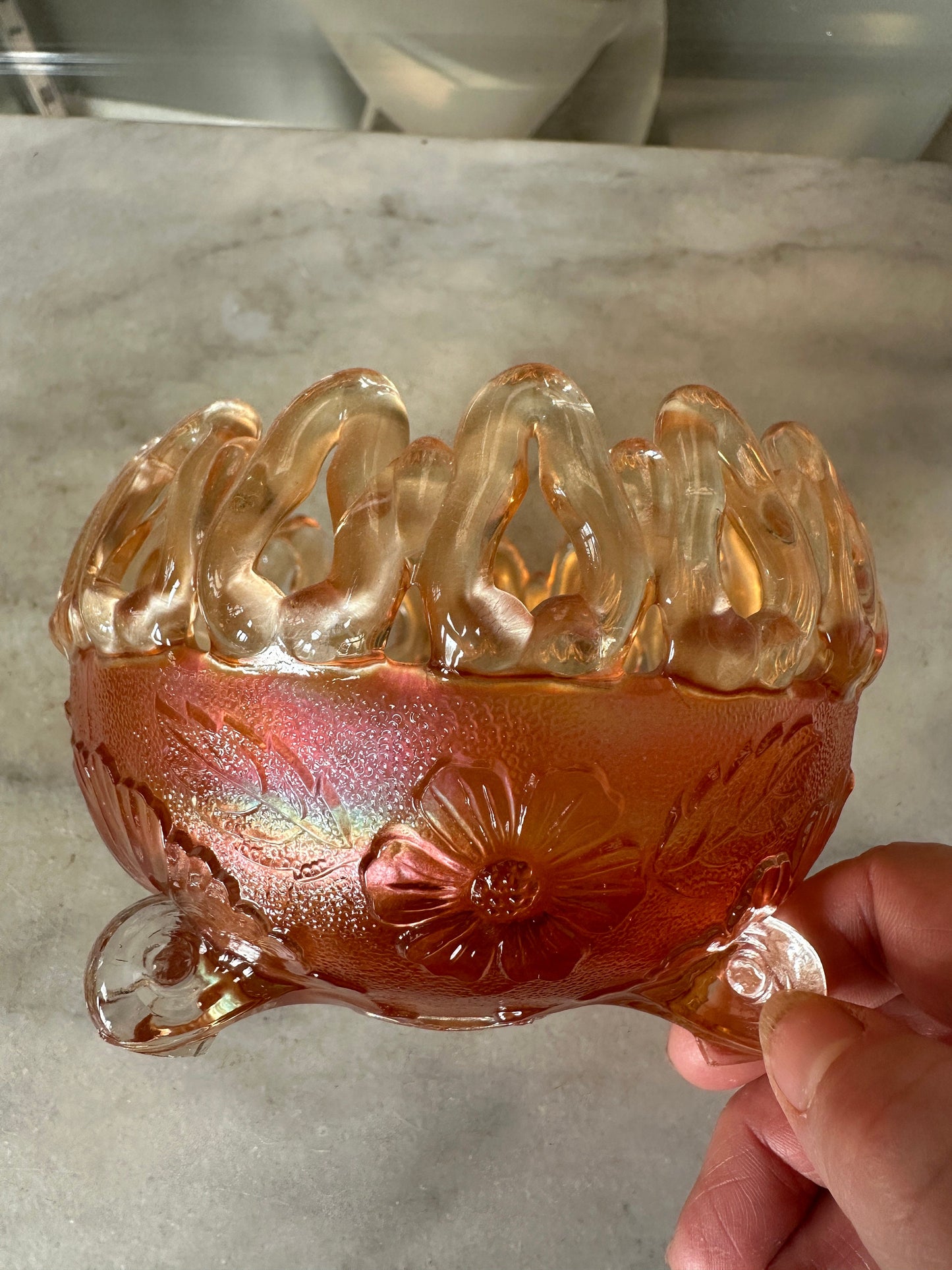 Antique Northwood Marigold Carnival Glass Rose Bowl: Wild Rose, Open Edge, Three Footed