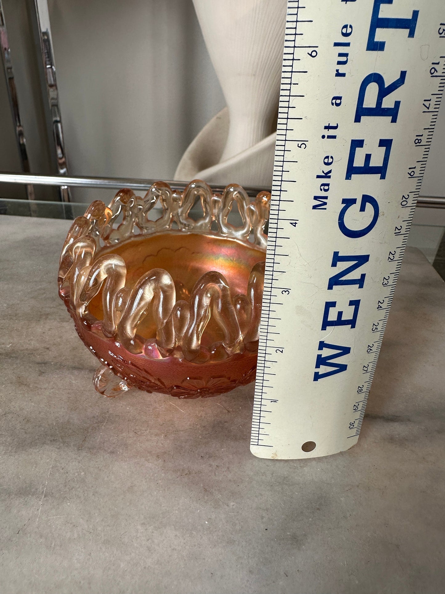 Antique Northwood Marigold Carnival Glass Rose Bowl: Wild Rose, Open Edge, Three Footed