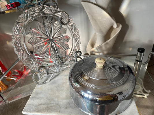 Vintage Chevron Star footed Glass Cake Plate server With chrome Cover lid wood knob
