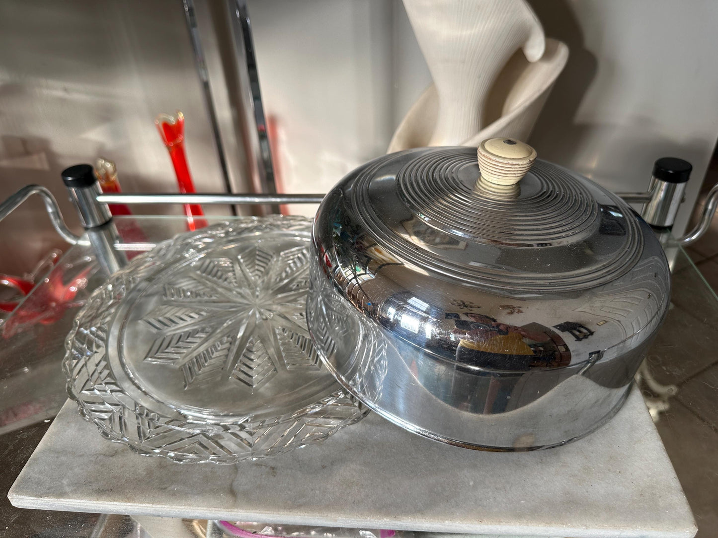Vintage Chevron Star footed Glass Cake Plate server With chrome Cover lid wood knob