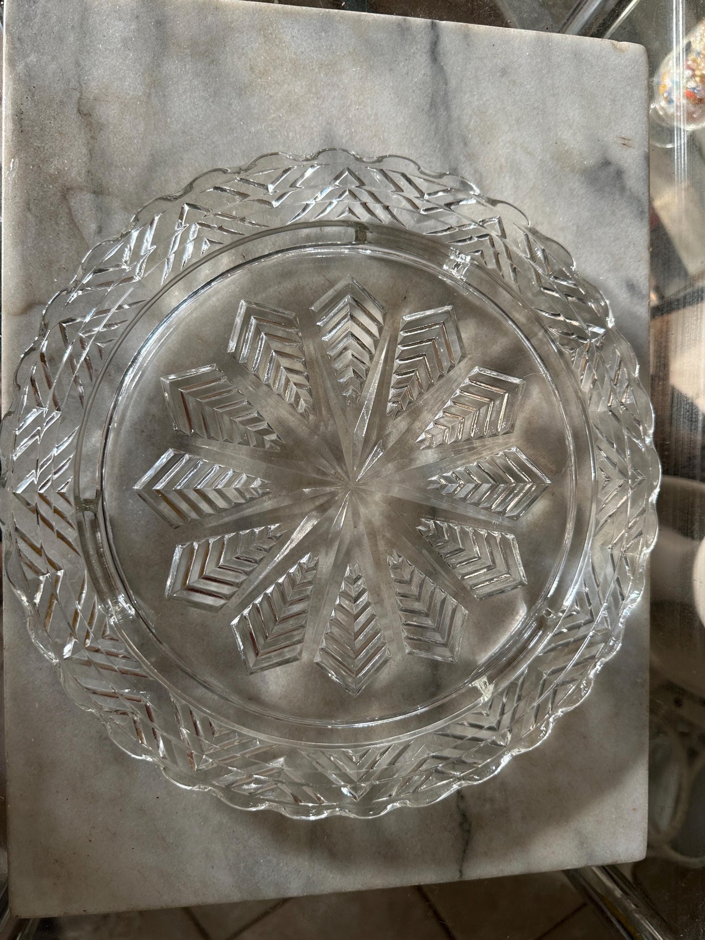 Vintage Chevron Star footed Glass Cake Plate server With chrome Cover lid wood knob