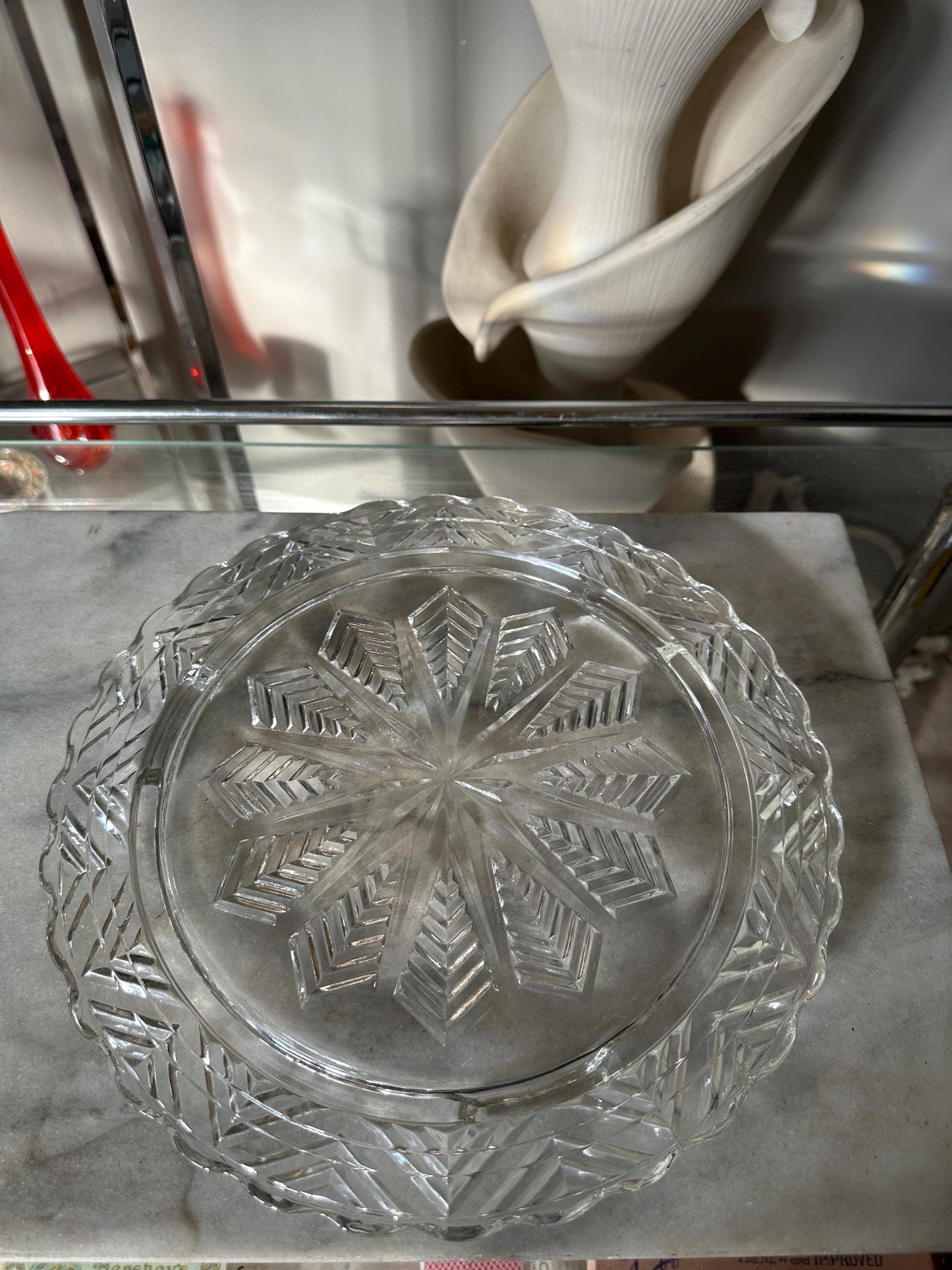 Vintage Chevron Star footed Glass Cake Plate server With chrome Cover lid wood knob