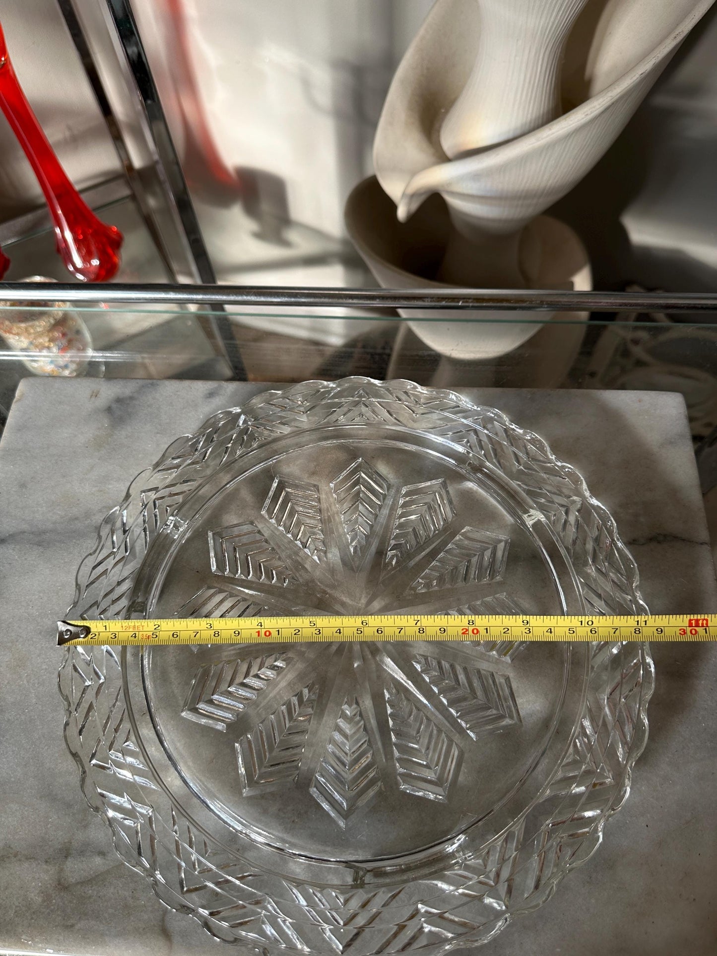 Vintage Chevron Star footed Glass Cake Plate server With chrome Cover lid wood knob
