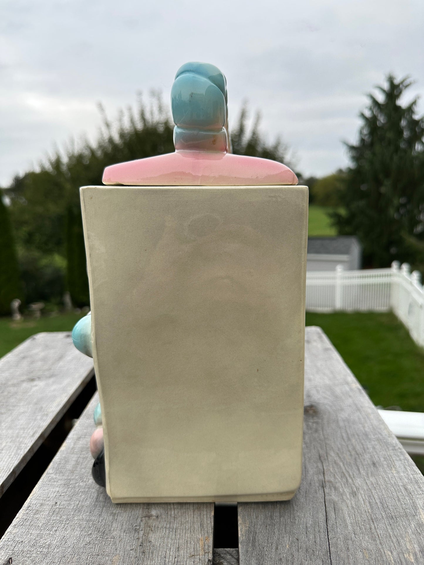 Vintage American Bisque Ugemach Candy Cane Baby Cookie Jar Blue Pink Gray Black