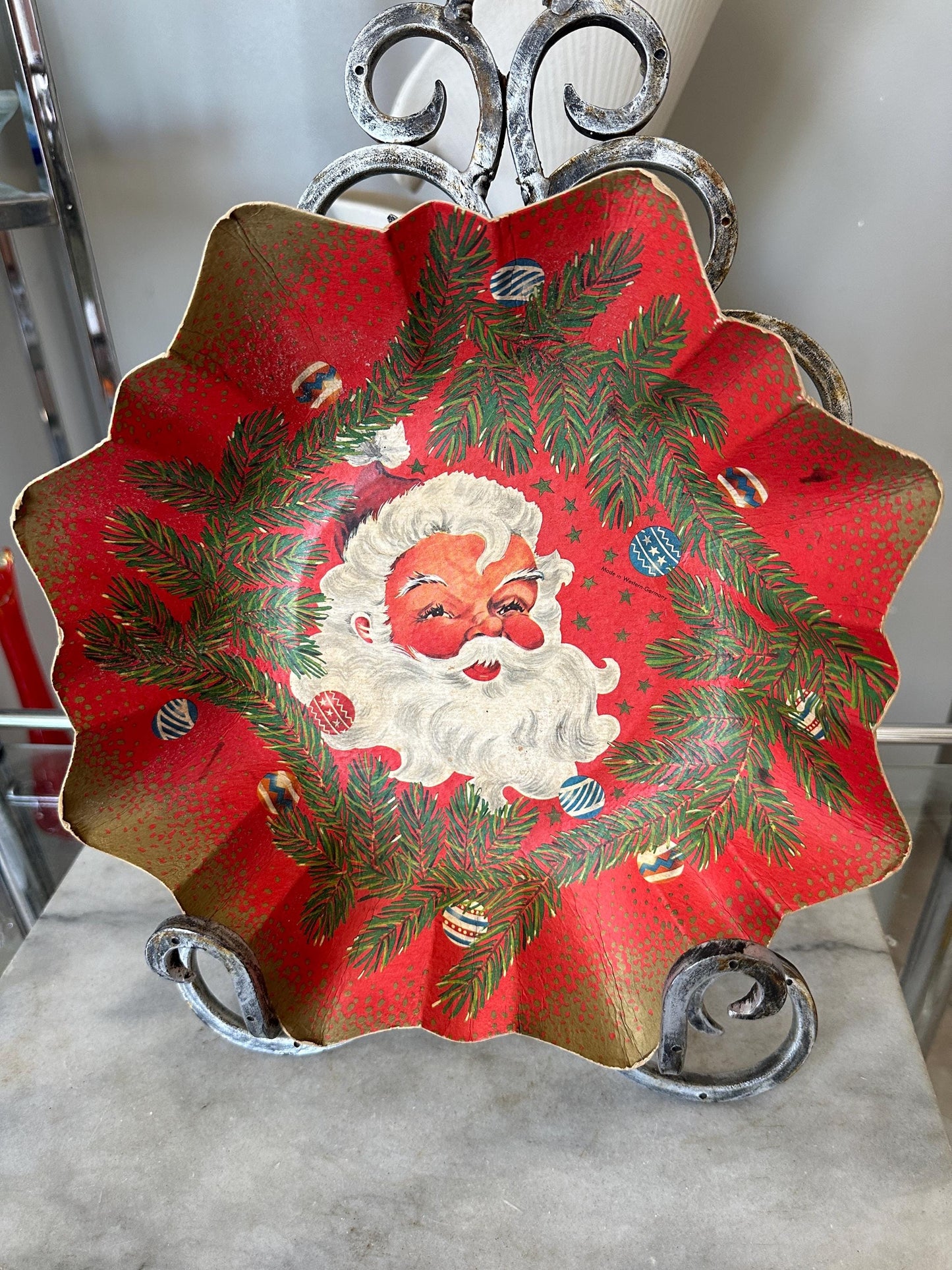 Vintage German Santa Claus Cardboard Christmas Bowl - Bunter Teller, Christmas Kitsch