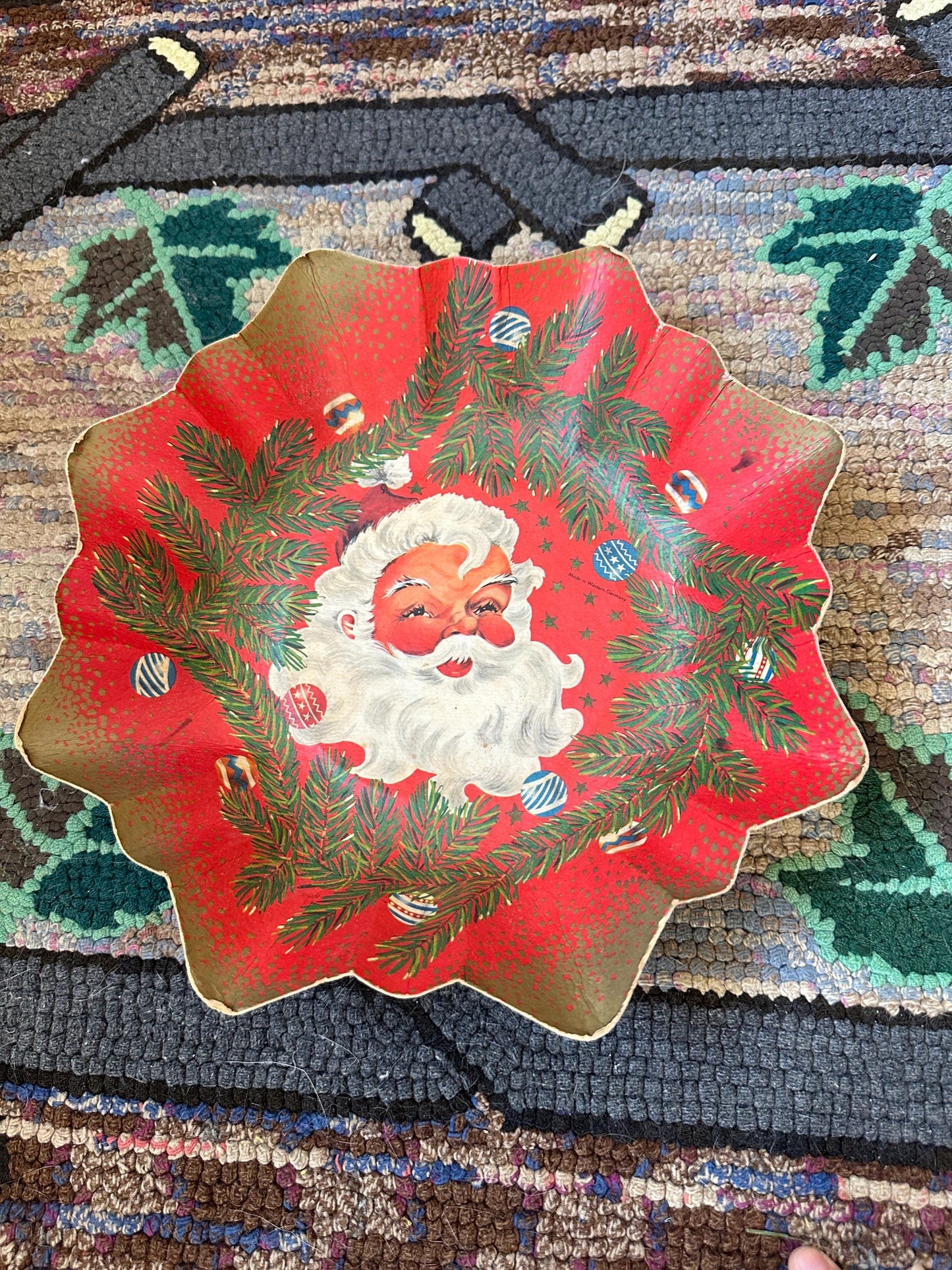 Vintage German Santa Claus Cardboard Christmas Bowl - Bunter Teller, Christmas Kitsch