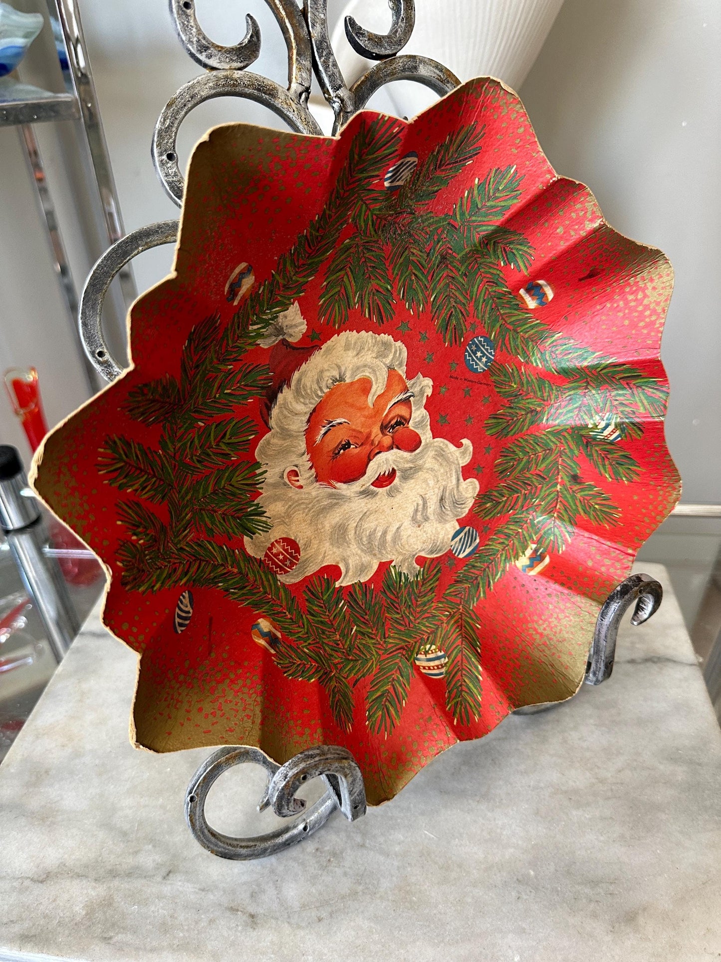 Vintage German Santa Claus Cardboard Christmas Bowl - Bunter Teller, Christmas Kitsch