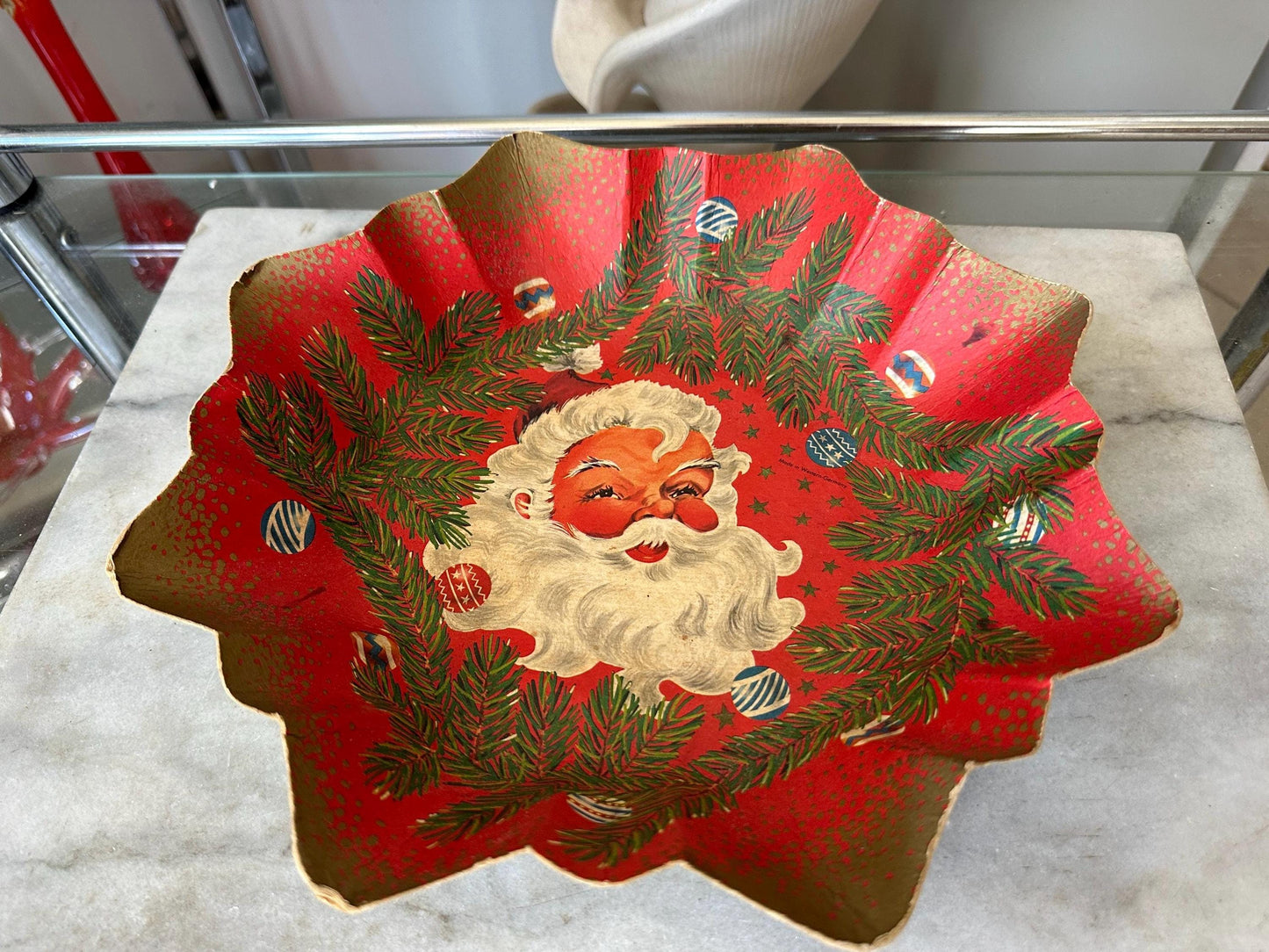 Vintage German Santa Claus Cardboard Christmas Bowl - Bunter Teller, Christmas Kitsch
