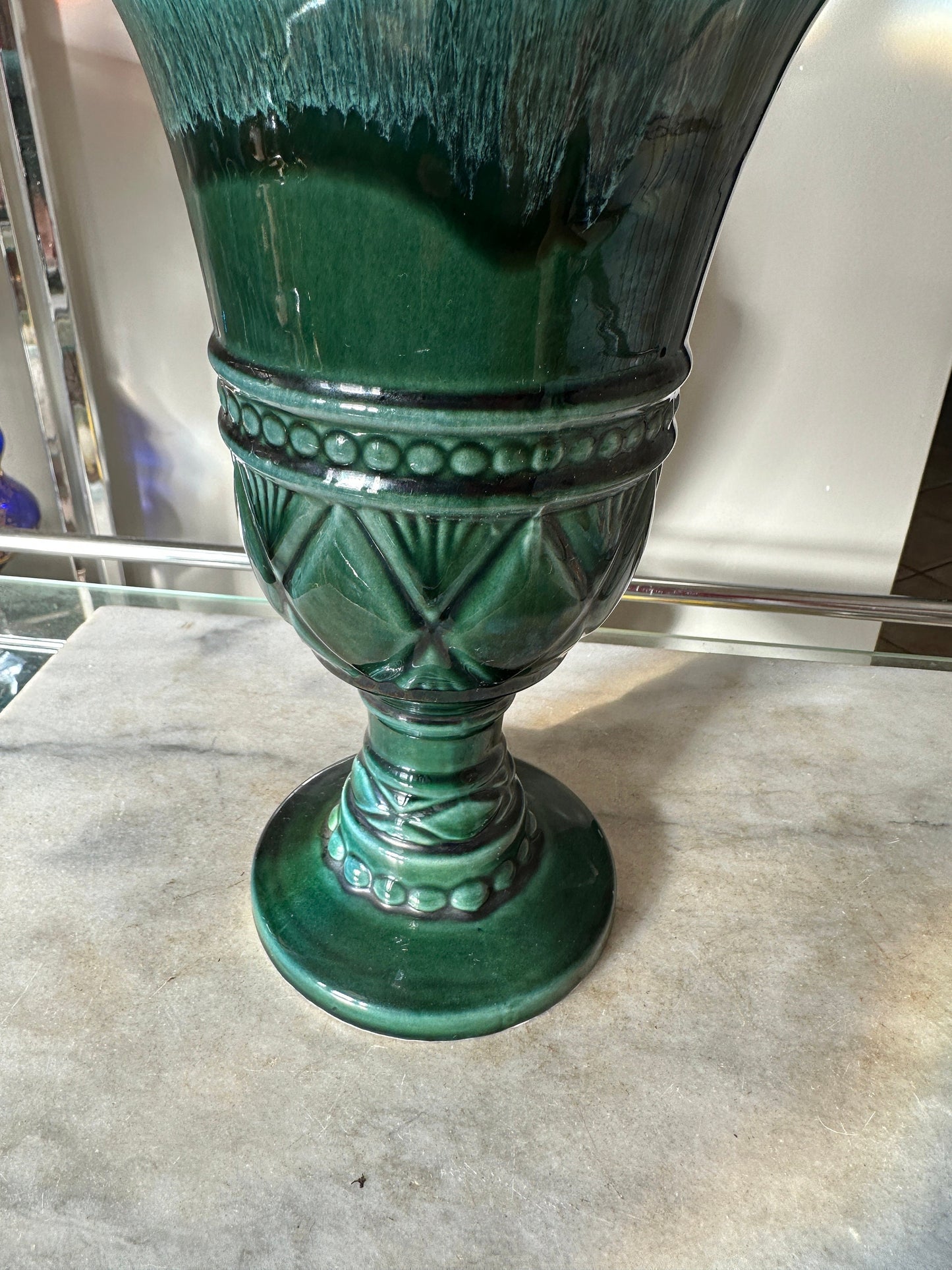 Vintage Hull USA F30 Vase | Green Aqua Drip Glaze Pedestal Pottery
