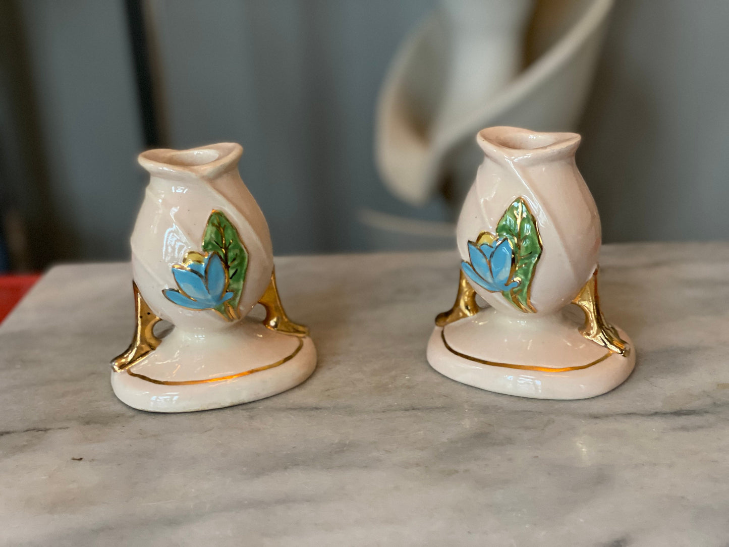 Mid-century Hull Pottery BLUE MAGNOLIA candlestick holders  | H-24 | USA