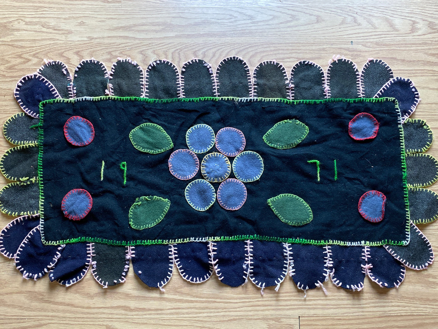 Vintage 1971 Wool Patchwork Rug | Hand-stitched Flower Petal Design