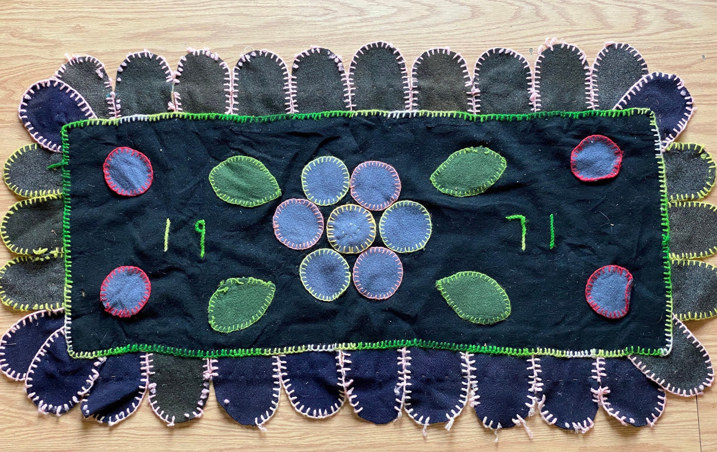 Vintage 1971 Wool Patchwork Rug | Hand-stitched Flower Petal Design