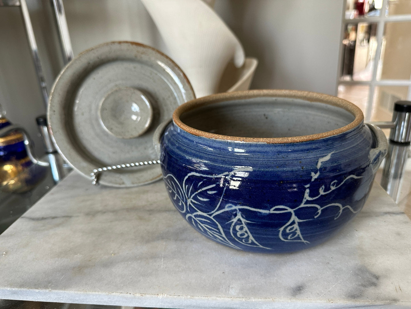 Vintage Ceramic Ard Pottery Bowl w Lid - Trinket/Catchall Dish - White and Blue Pottery - Blue w White Flowers / Farm House / Cottage Chic