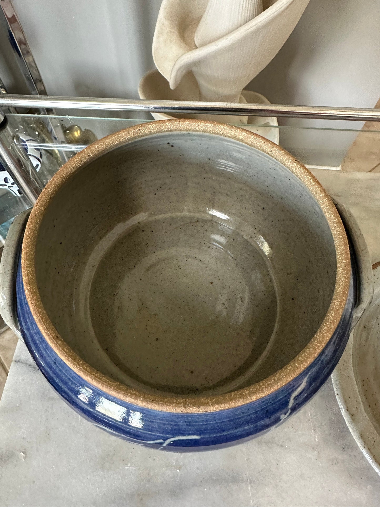 Vintage Ceramic Ard Pottery Bowl w Lid - Trinket/Catchall Dish - White and Blue Pottery - Blue w White Flowers / Farm House / Cottage Chic
