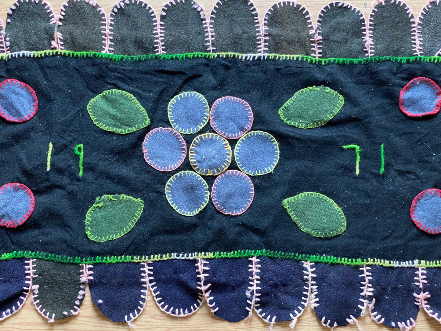 Vintage 1971 Wool Patchwork Rug | Hand-stitched Flower Petal Design
