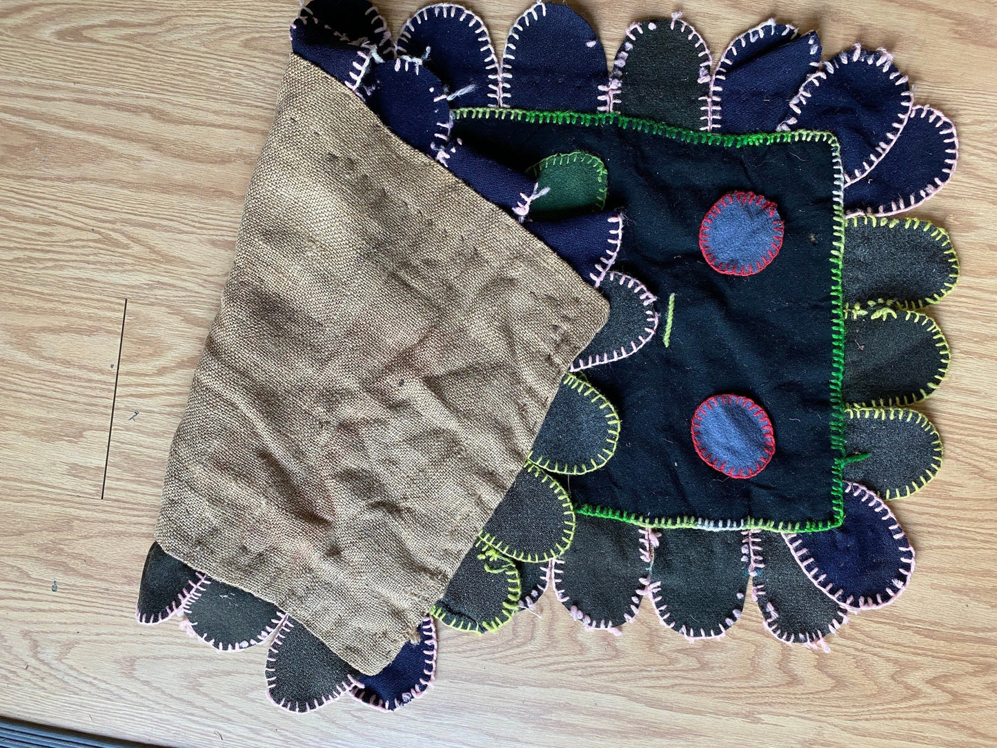 Vintage 1971 Wool Patchwork Rug | Hand-stitched Flower Petal Design