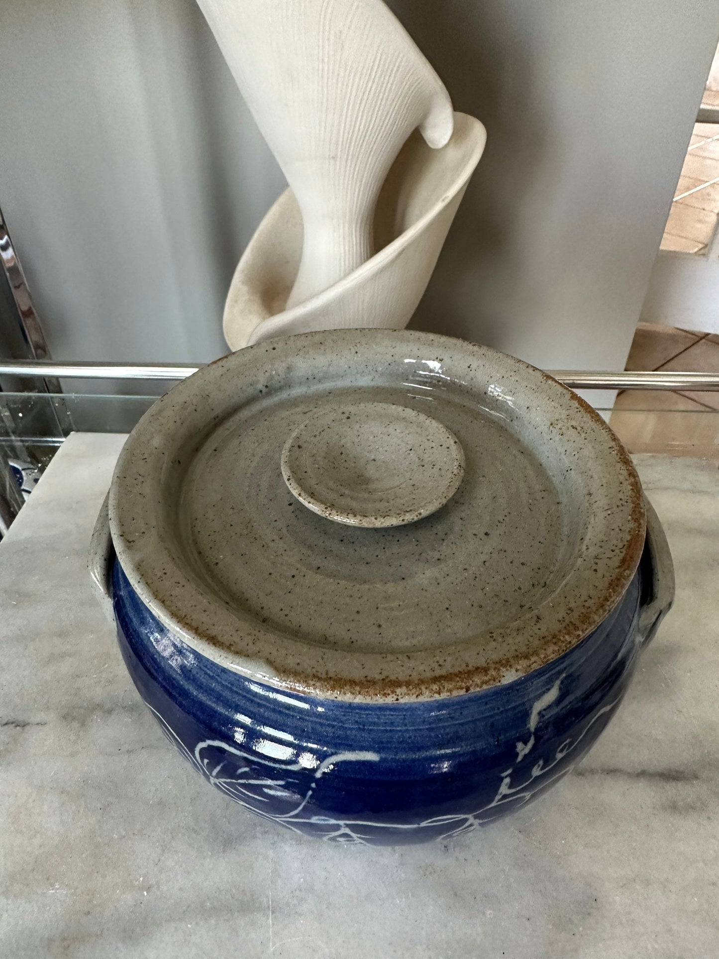 Vintage Ceramic Ard Pottery Bowl w Lid - Trinket/Catchall Dish - White and Blue Pottery - Blue w White Flowers / Farm House / Cottage Chic