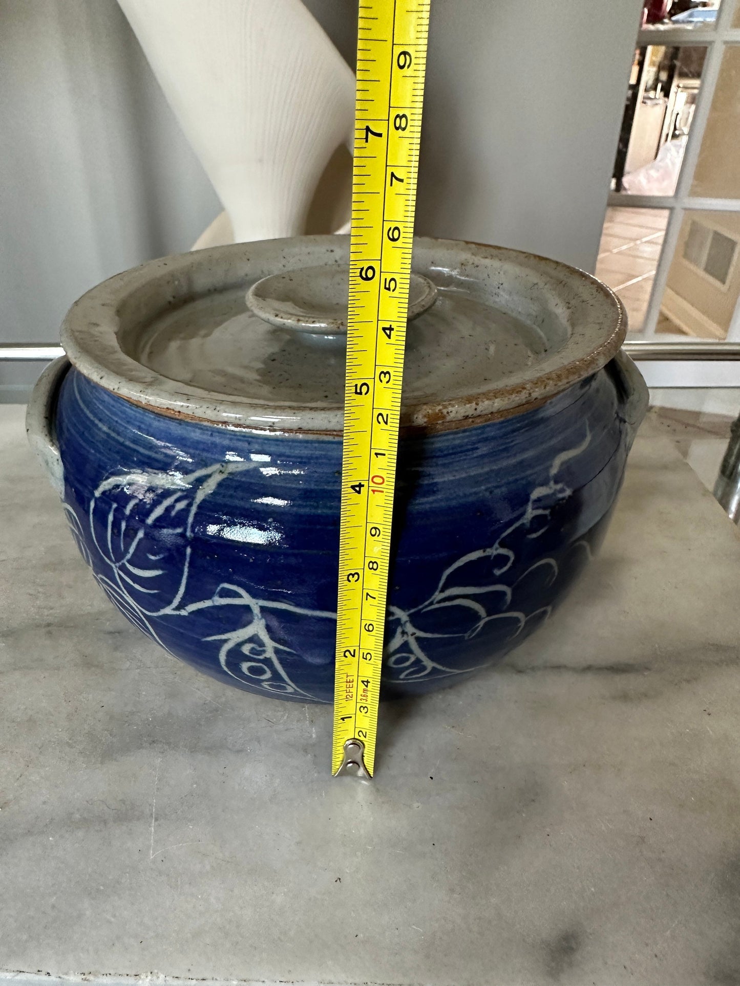 Vintage Ceramic Ard Pottery Bowl w Lid - Trinket/Catchall Dish - White and Blue Pottery - Blue w White Flowers / Farm House / Cottage Chic