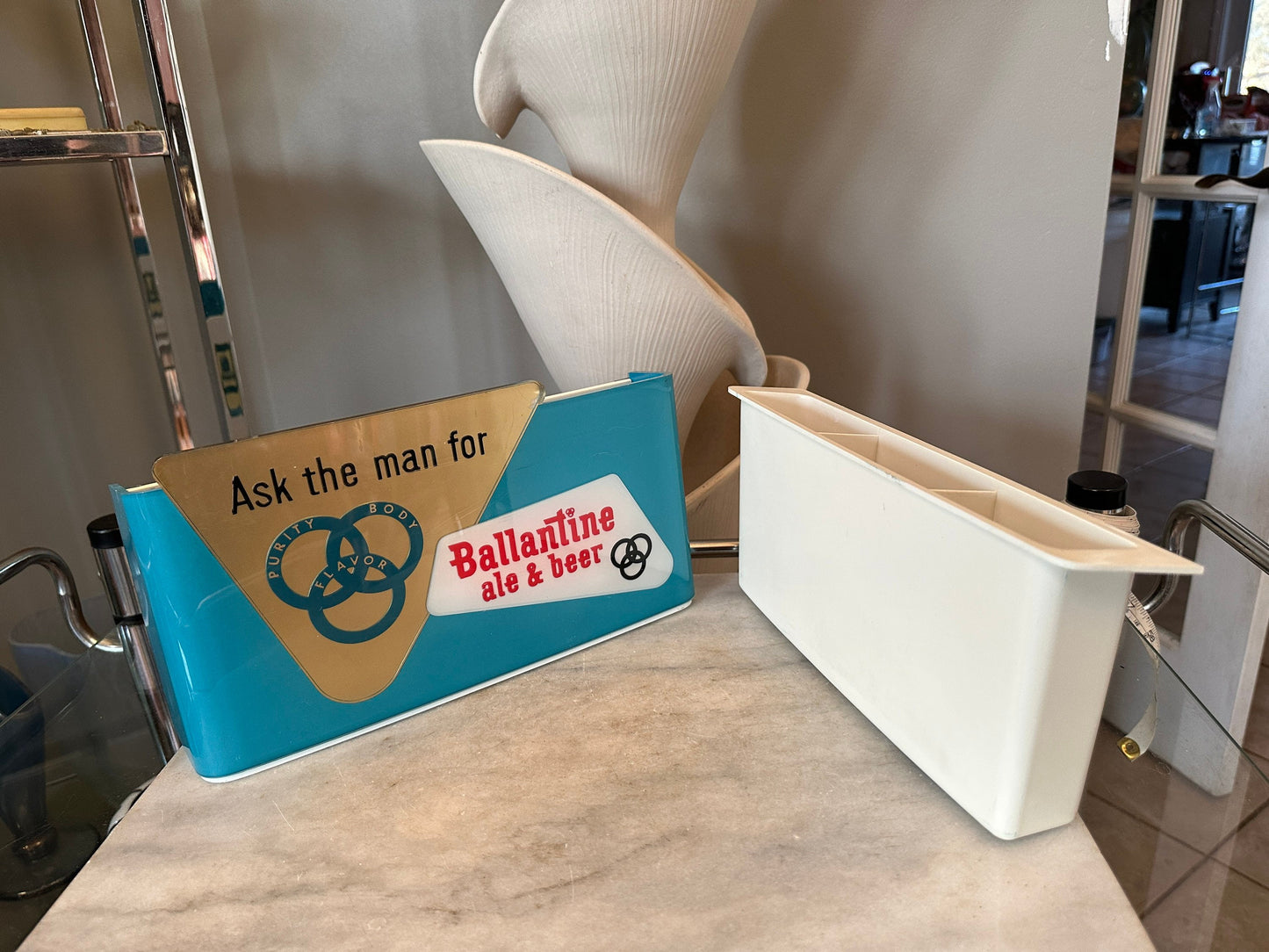 Vintage Ballantine Beer Caddy, Turquoise & Gold Plastic Barware, MCM Man Cave Decor