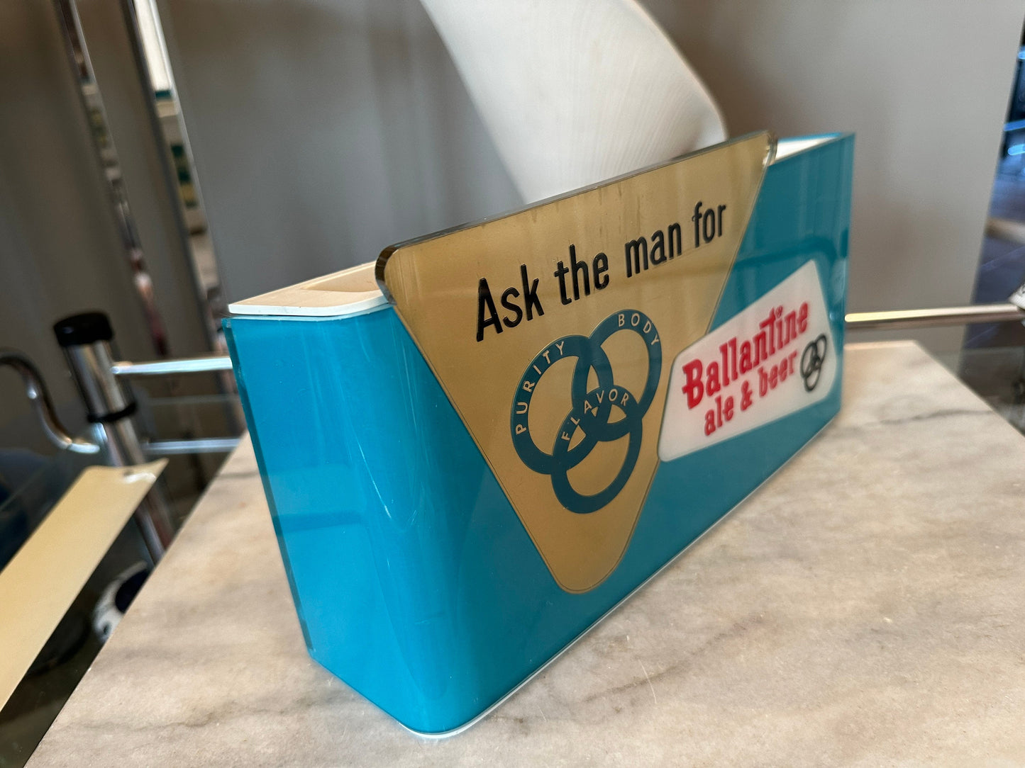Vintage Ballantine Beer Caddy, Turquoise & Gold Plastic Barware, MCM Man Cave Decor