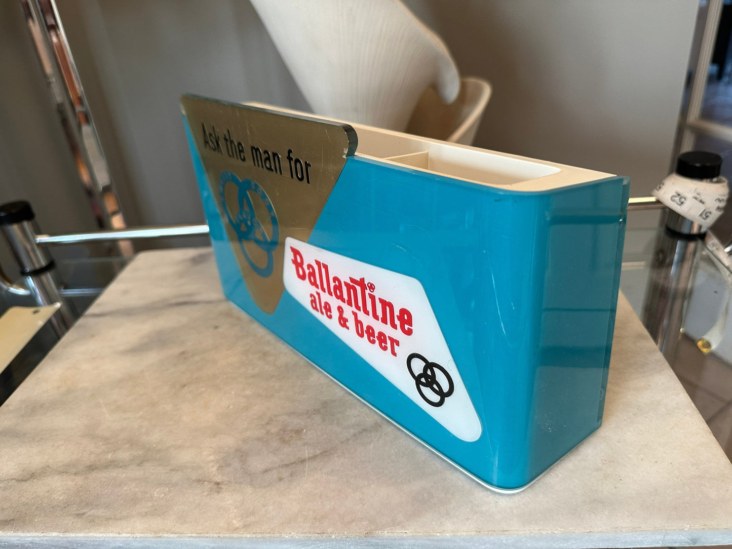 Vintage Ballantine Beer Caddy, Turquoise & Gold Plastic Barware, MCM Man Cave Decor
