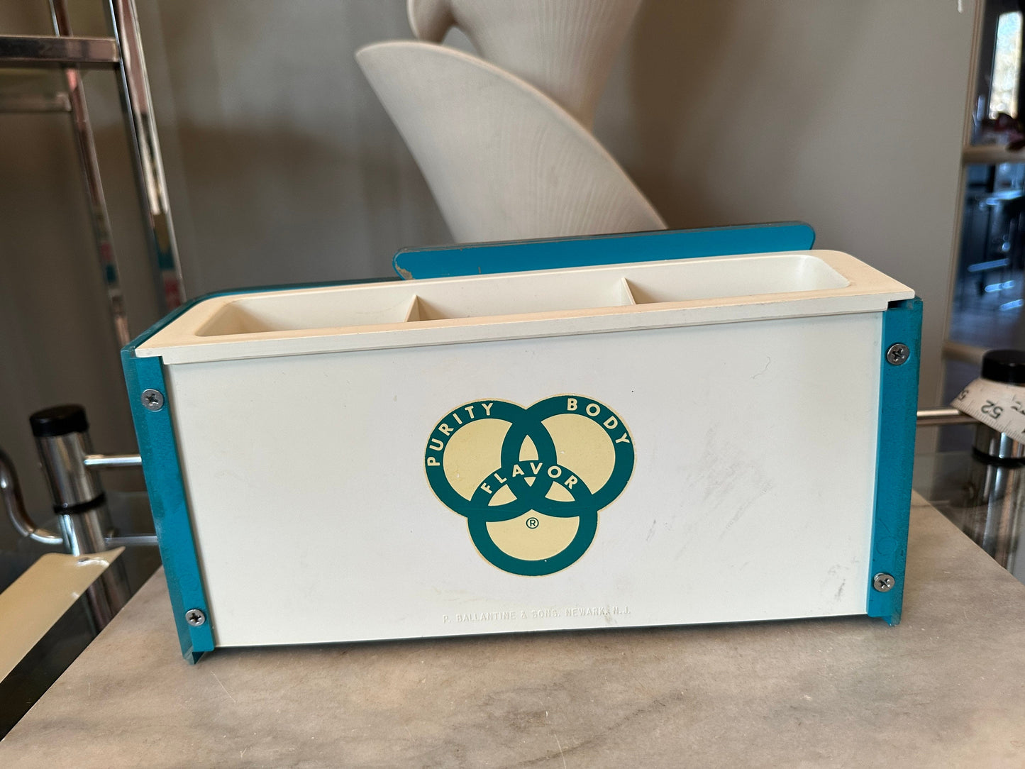 Vintage Ballantine Beer Caddy, Turquoise & Gold Plastic Barware, MCM Man Cave Decor