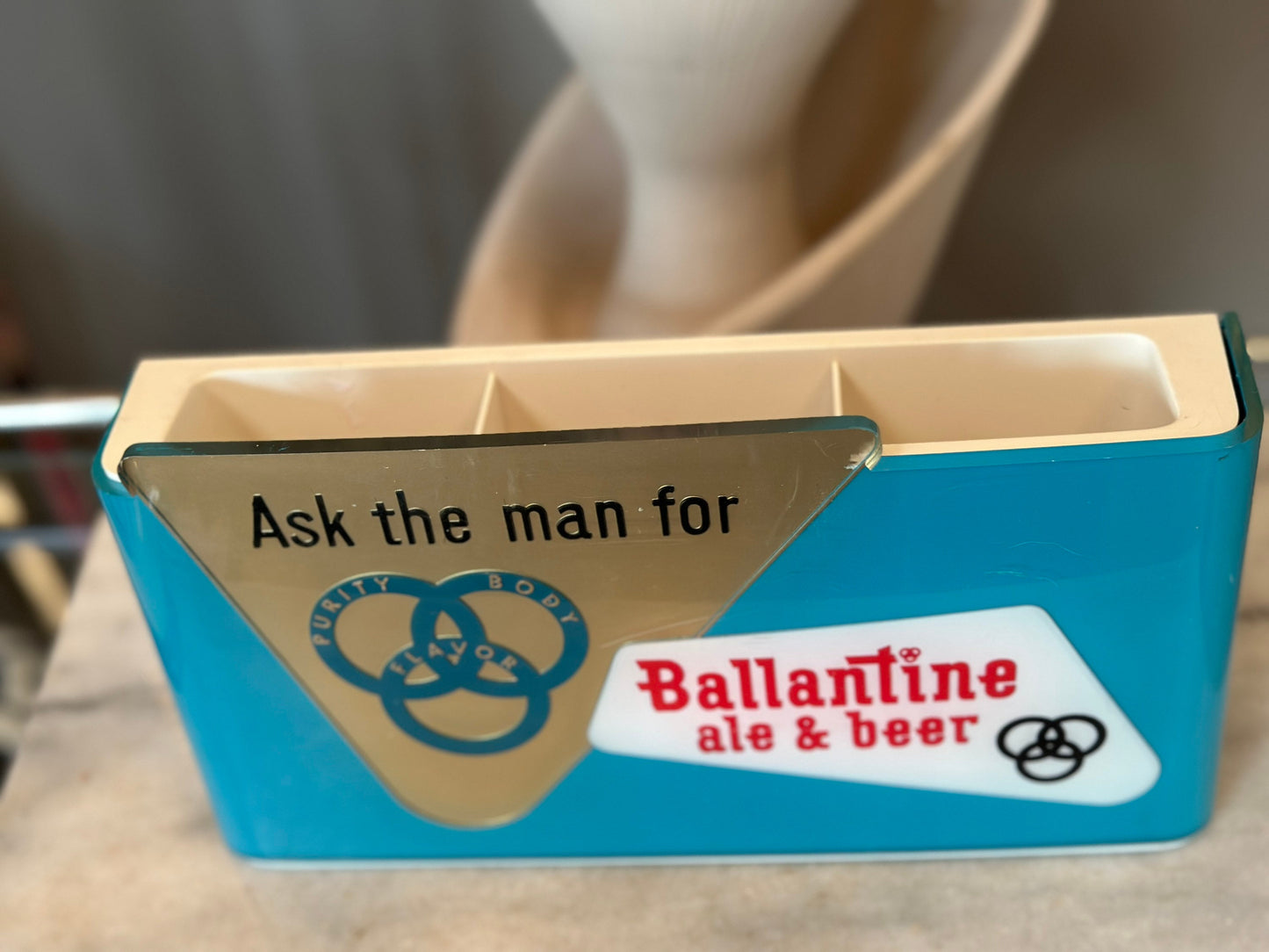 Vintage Ballantine Beer Caddy, Turquoise & Gold Plastic Barware, MCM Man Cave Decor