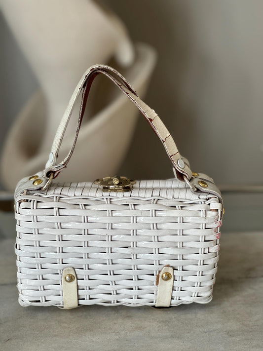 Vintage White Wicker Basket Purse: Vinyl Lined Cottagecore Handbag