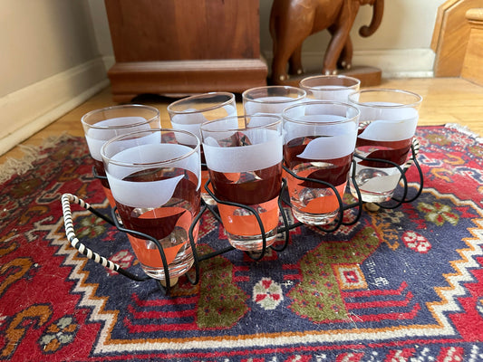 Vintage Libbey Glass Tumblers with Caddy: 1970s Retro Stripe Set
