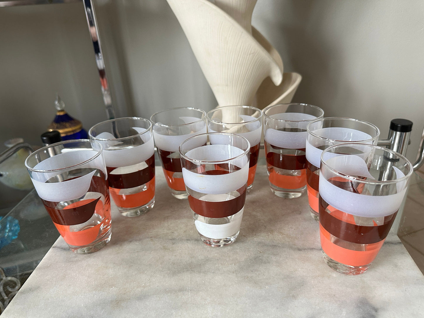 Vintage Libbey Glass Tumblers with Caddy: 1970s Retro Stripe Set