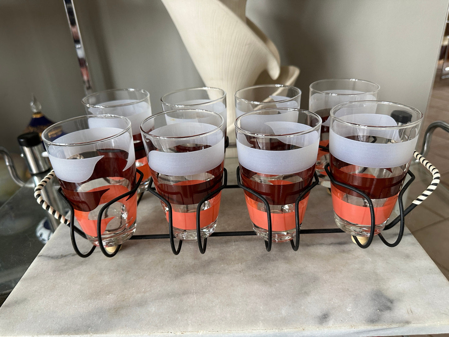 Vintage Libbey Glass Tumblers with Caddy: 1970s Retro Stripe Set