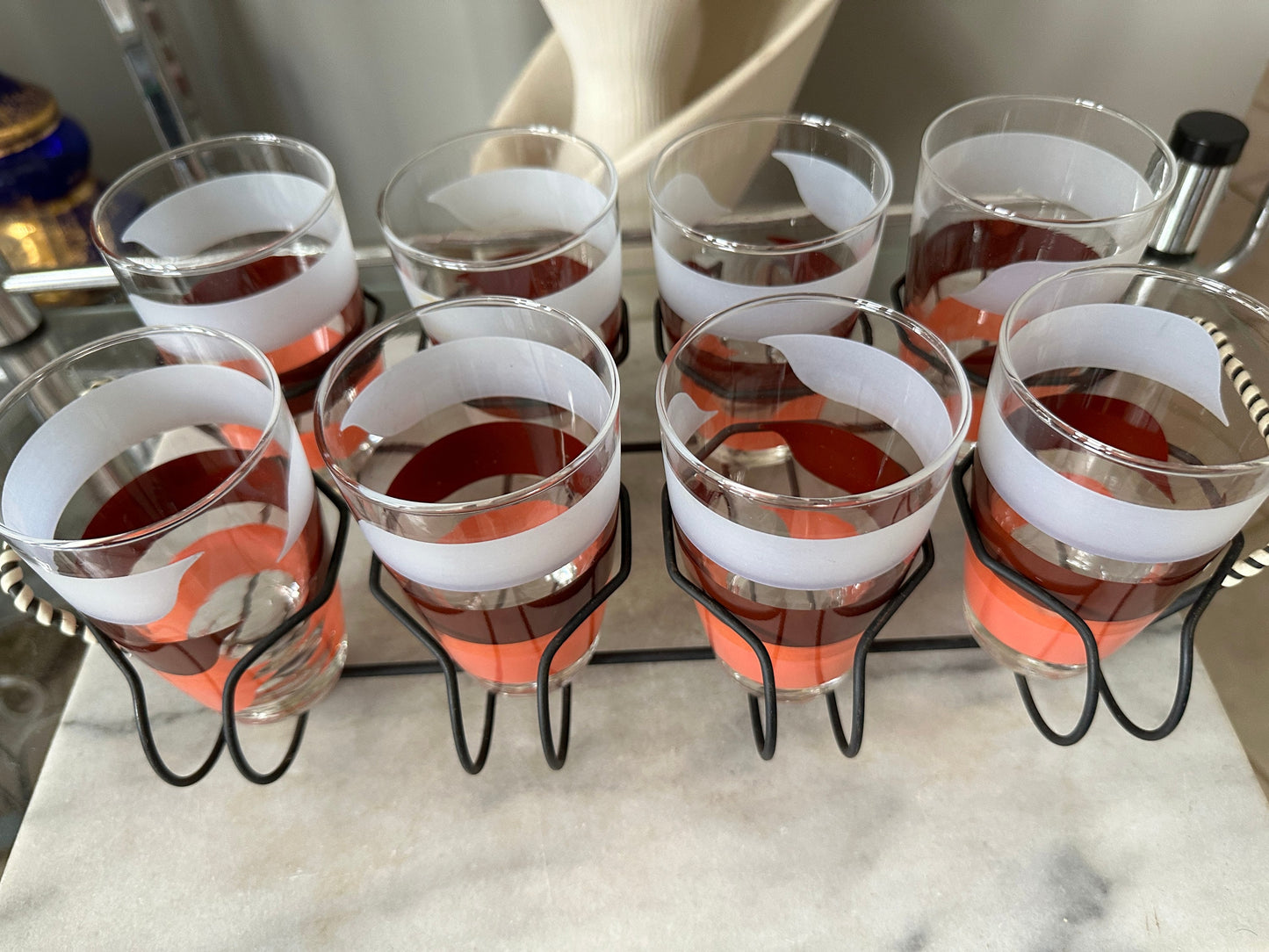Vintage Libbey Glass Tumblers with Caddy: 1970s Retro Stripe Set