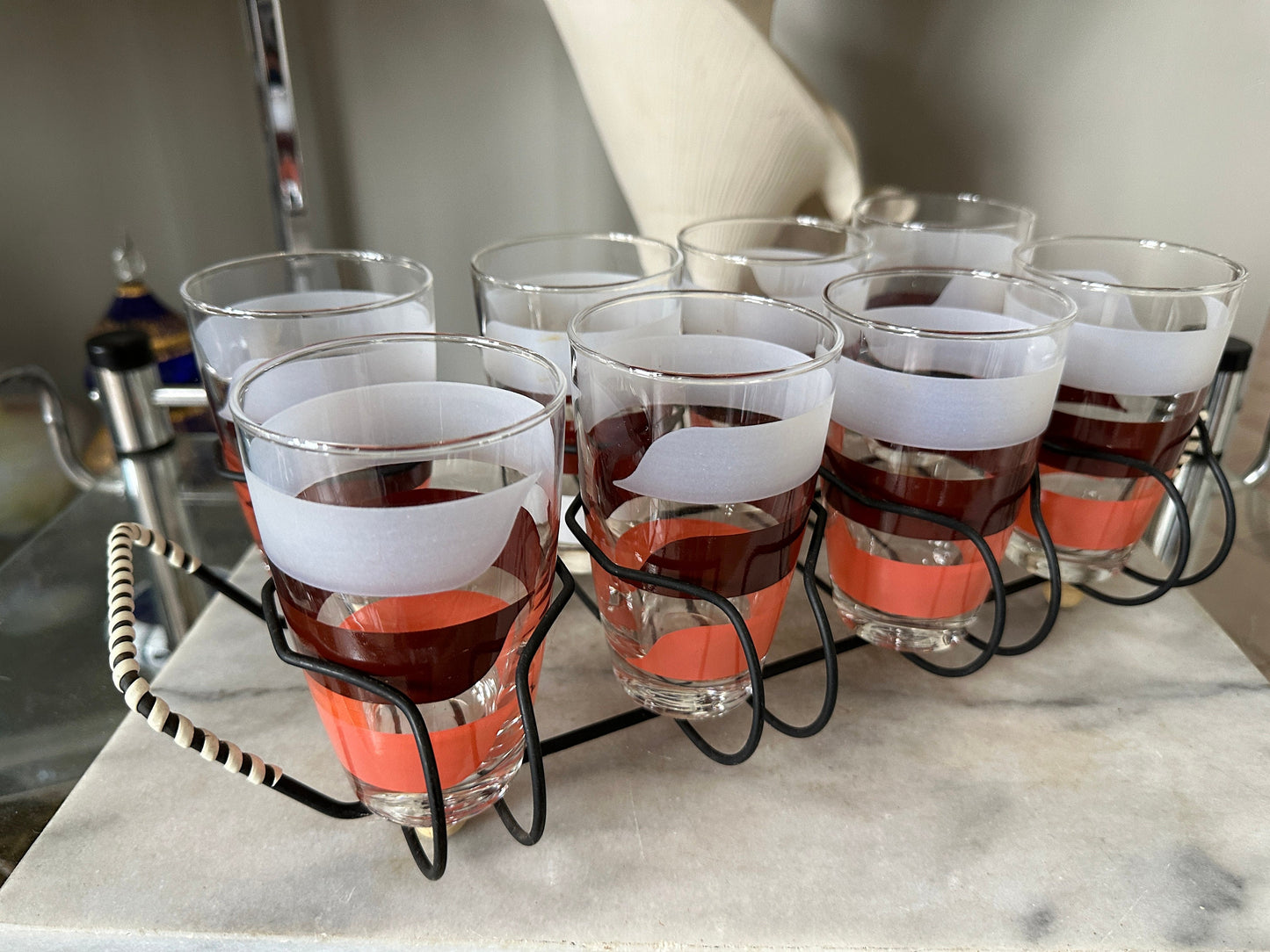 Vintage Libbey Glass Tumblers with Caddy: 1970s Retro Stripe Set