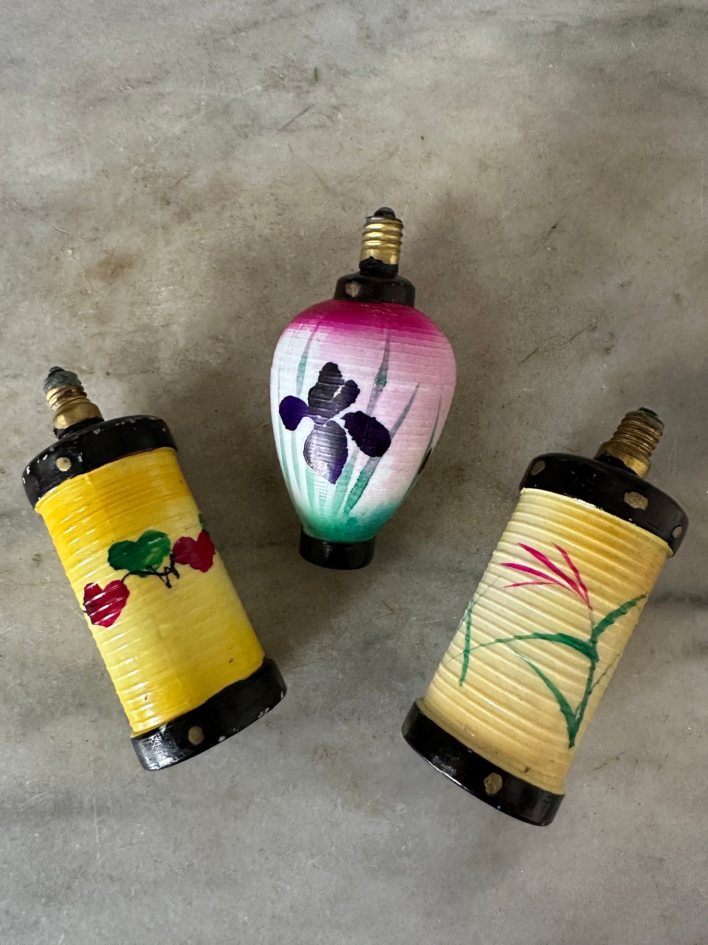 Vintage Glass Chinese Lantern Christmas Ornaments, 1920s Asian Light Bulbs (3 pc)