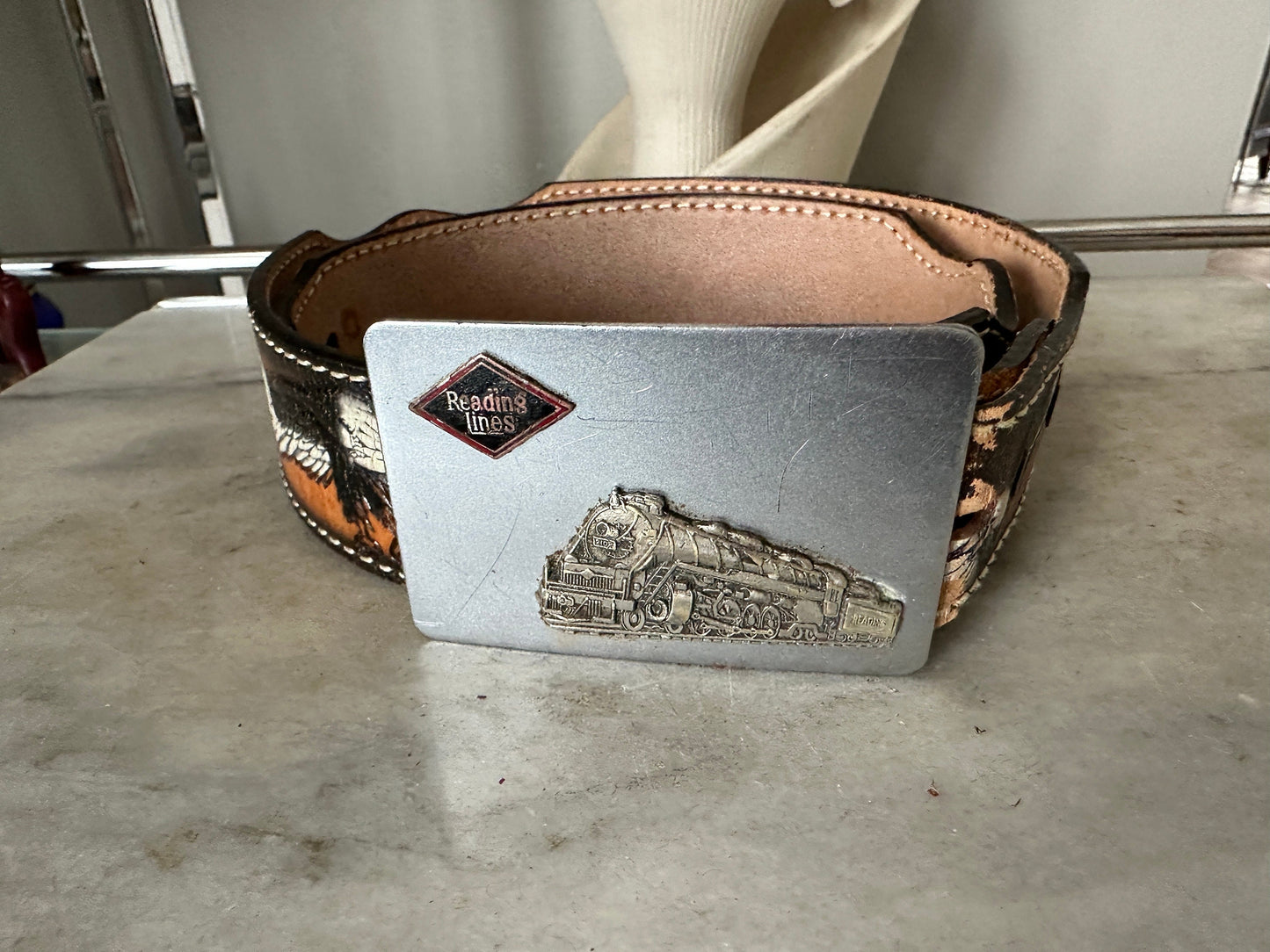 Vintage 1970s Tooled Leather Belt with Reading Railroad Buckle (Waist 40)