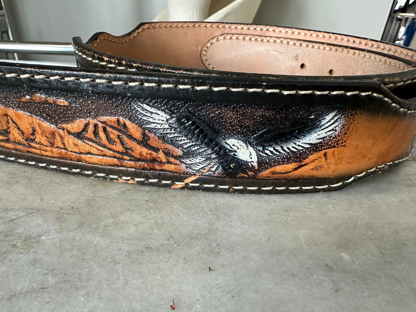 Vintage 1970s Tooled Leather Belt with Reading Railroad Buckle (Waist 40)