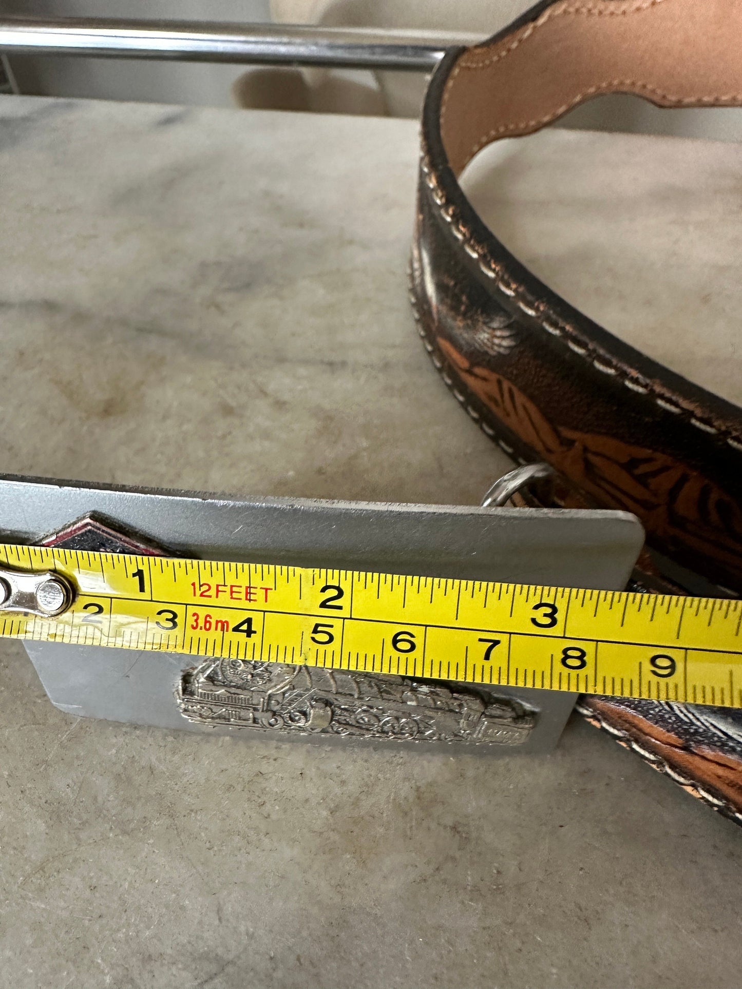 Vintage 1970s Tooled Leather Belt with Reading Railroad Buckle (Waist 40)