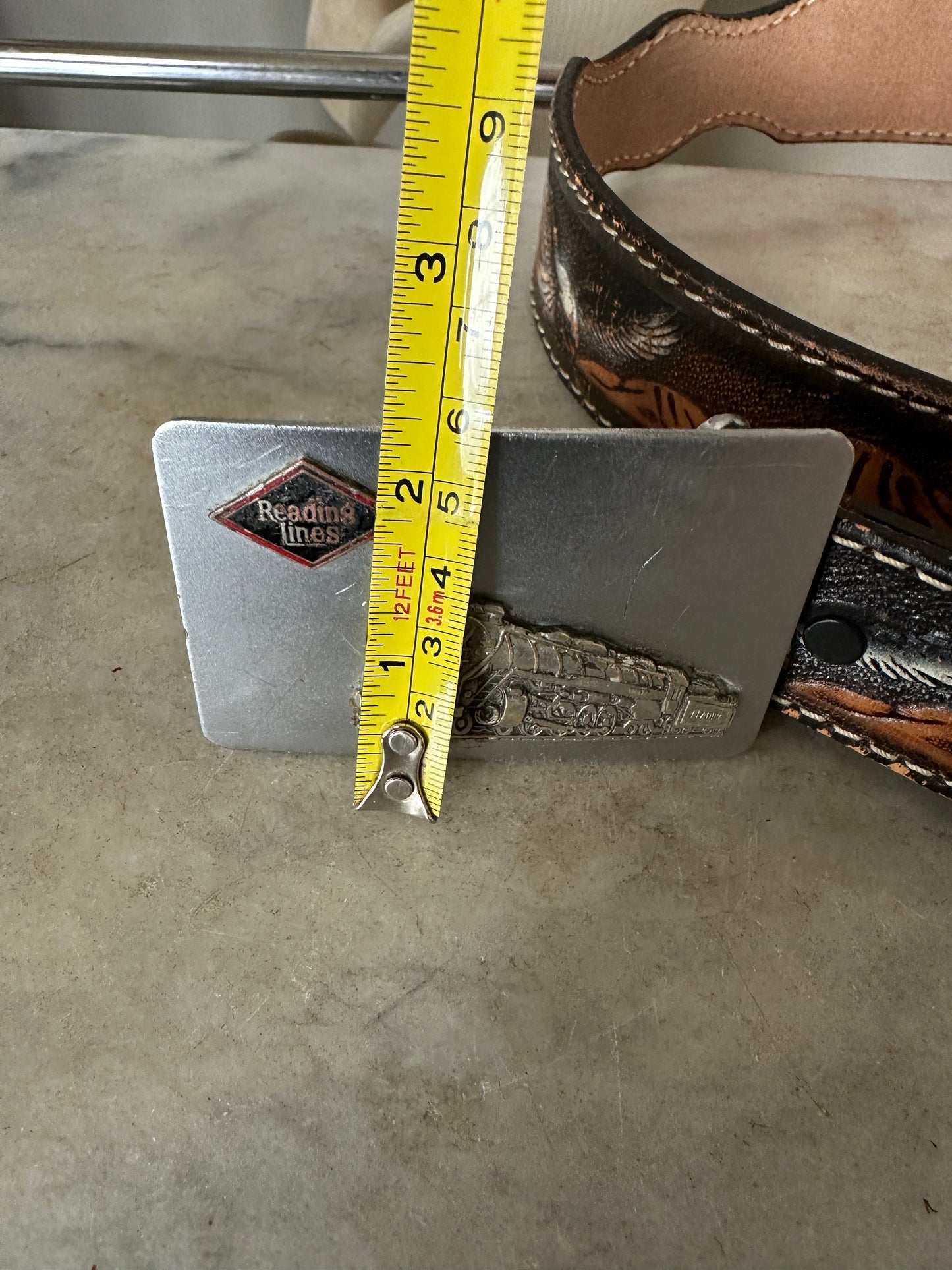 Vintage 1970s Tooled Leather Belt with Reading Railroad Buckle (Waist 40)