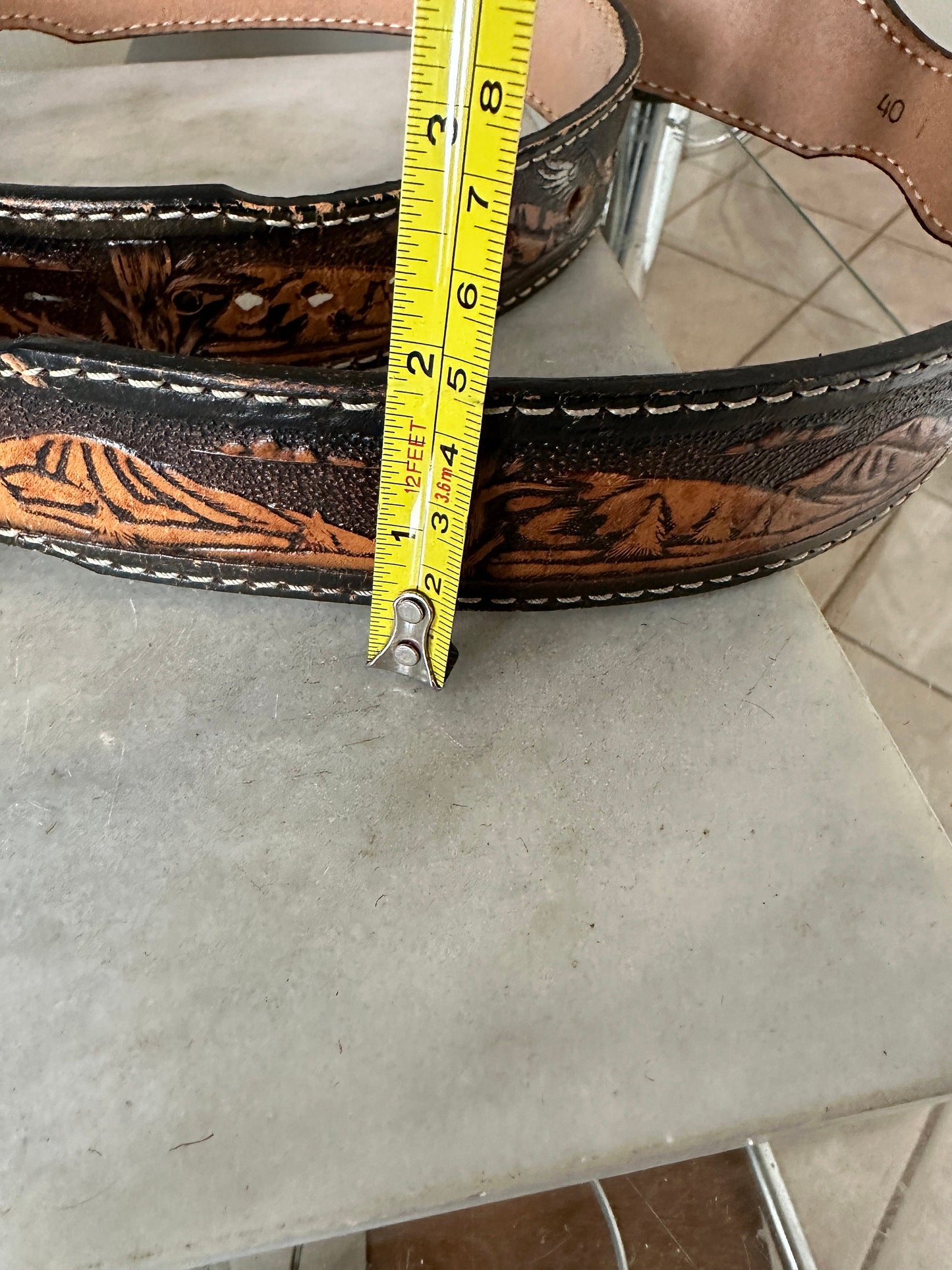 Vintage 1970s Tooled Leather Belt with Reading Railroad Buckle (Waist 40)