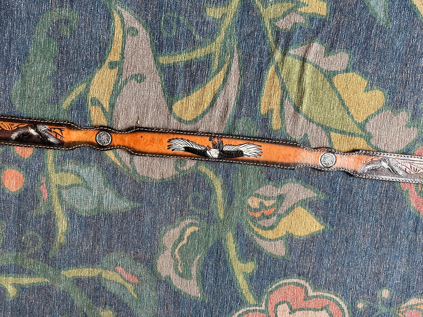 Vintage 1970s Tooled Leather Belt with Reading Railroad Buckle (Waist 40)