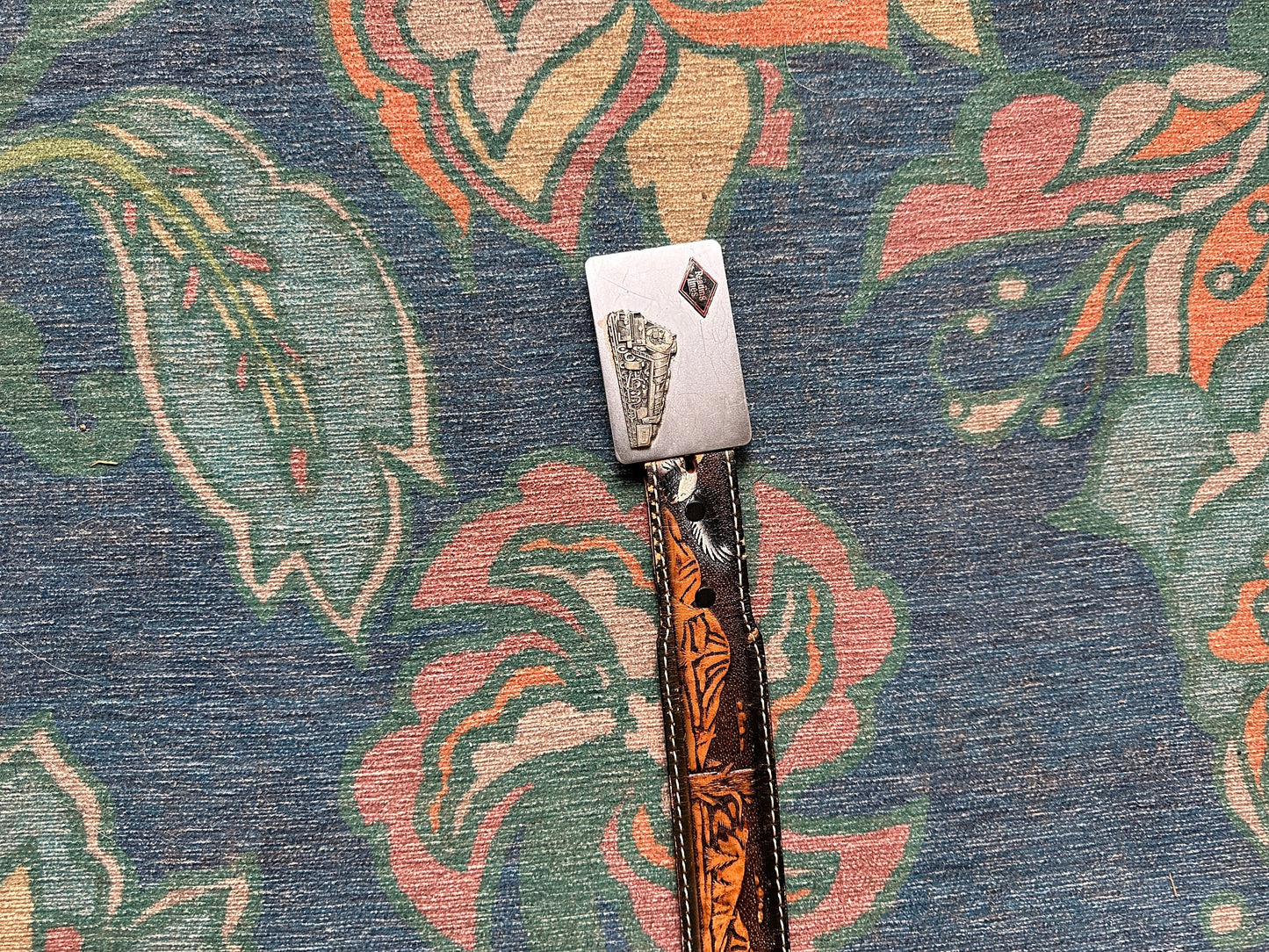 Vintage 1970s Tooled Leather Belt with Reading Railroad Buckle (Waist 40)