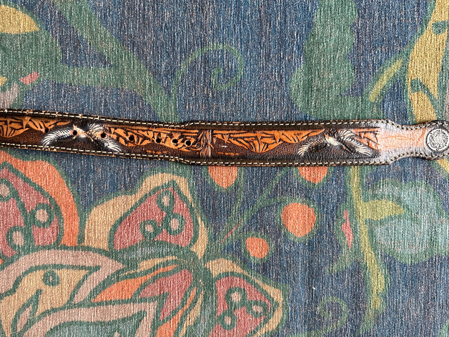 Vintage 1970s Tooled Leather Belt with Reading Railroad Buckle (Waist 40)