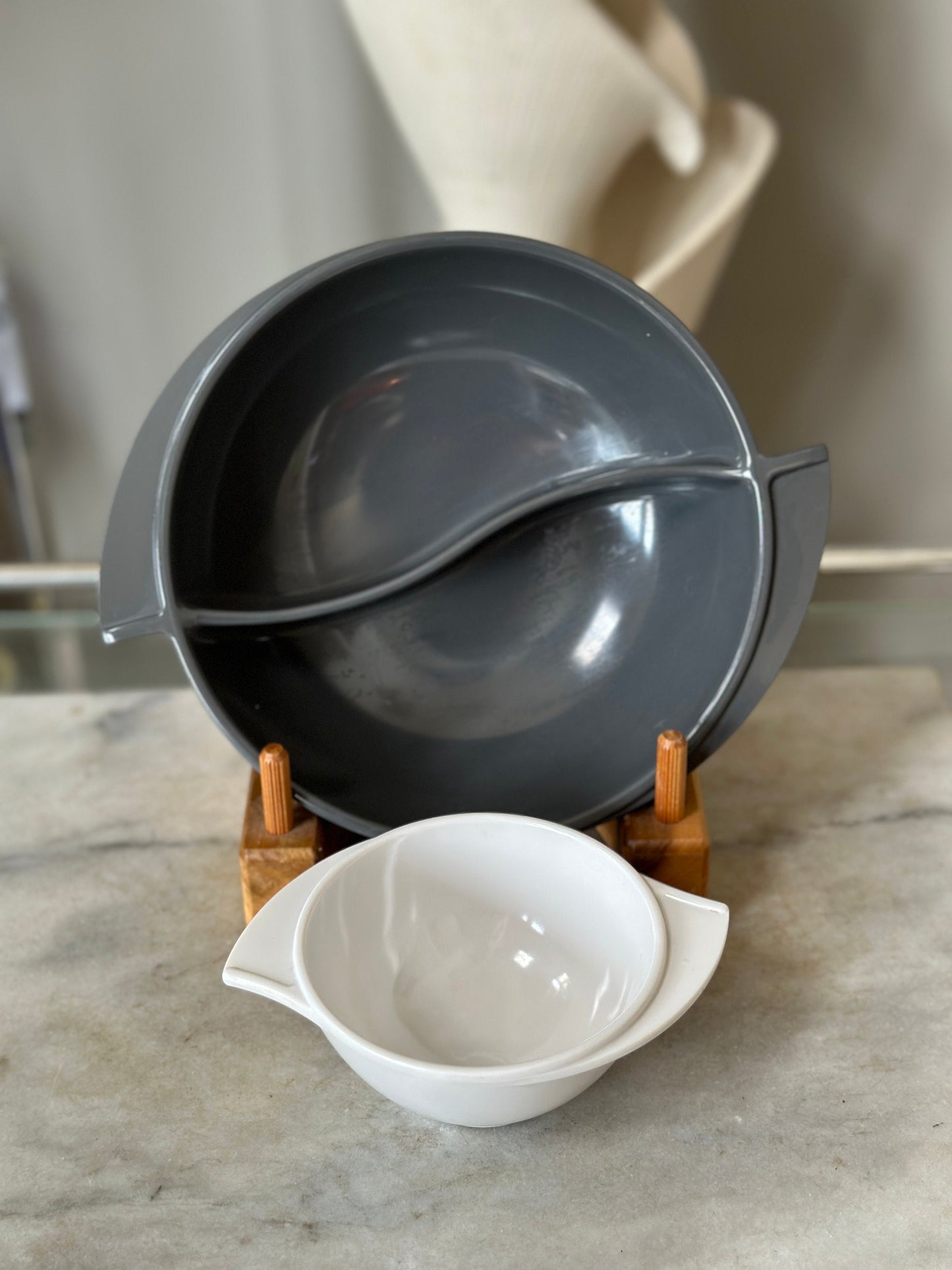 Vintage Boonton Melamine Bowls: Grey Divided Serving Bowl & White Bowl Set