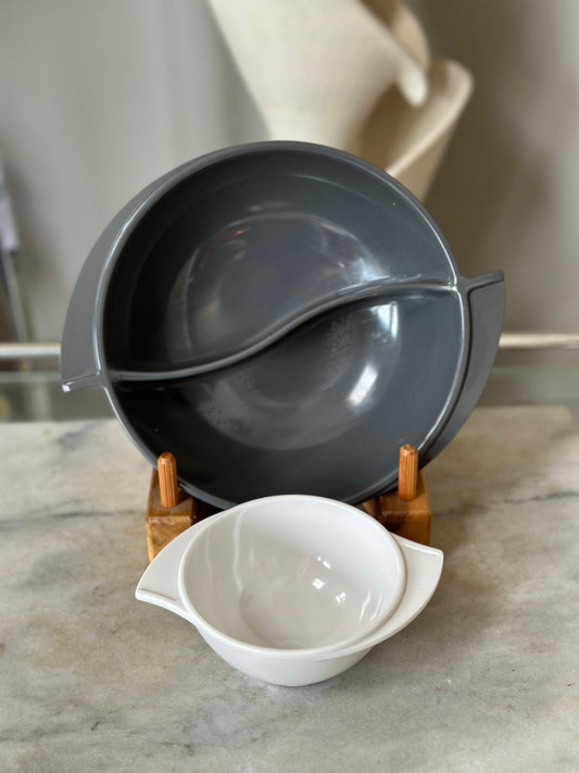 Vintage Boonton Melamine Bowls: Grey Divided Serving Bowl & White Bowl Set