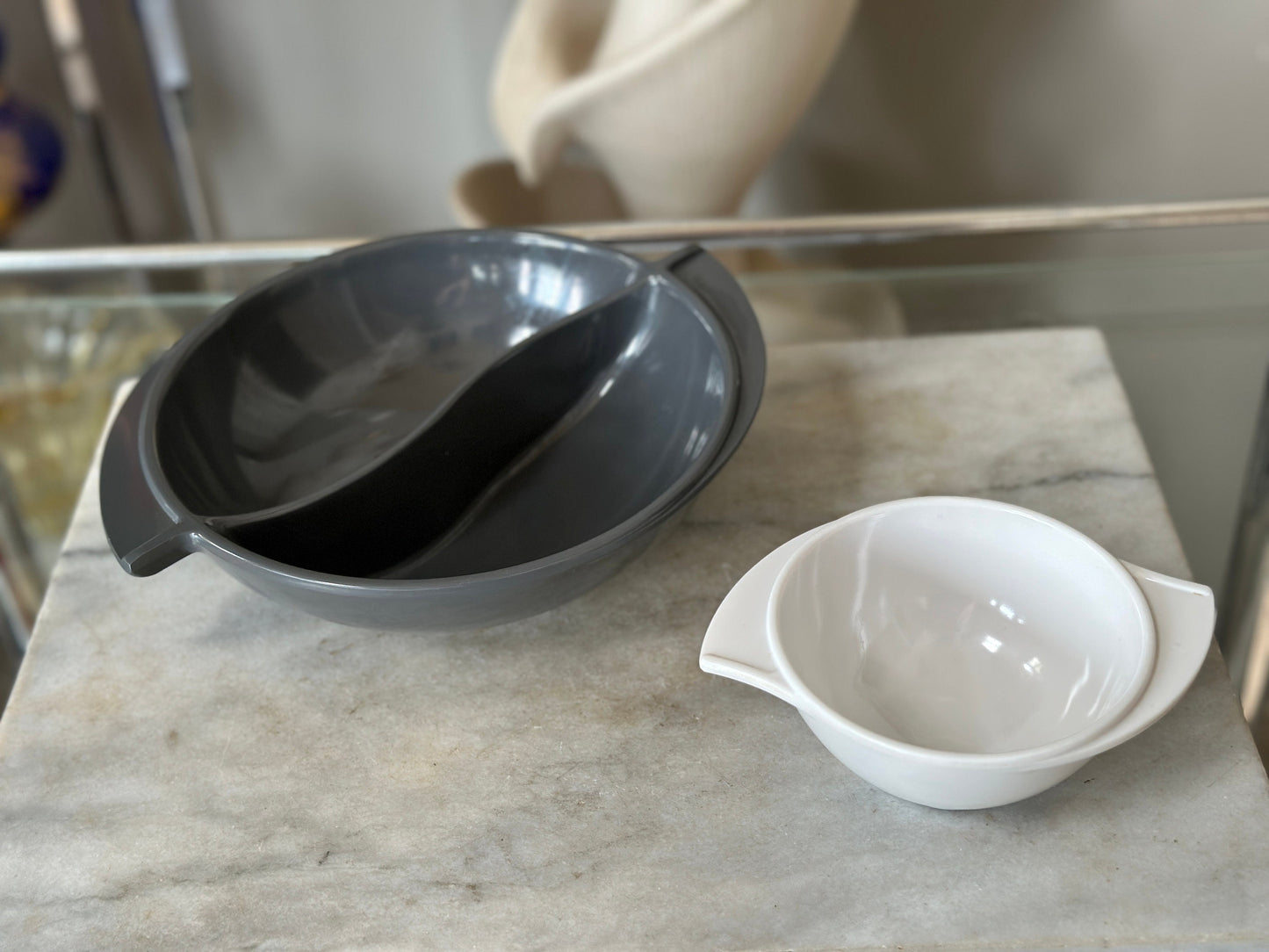 Vintage Boonton Melamine Bowls: Grey Divided Serving Bowl & White Bowl Set