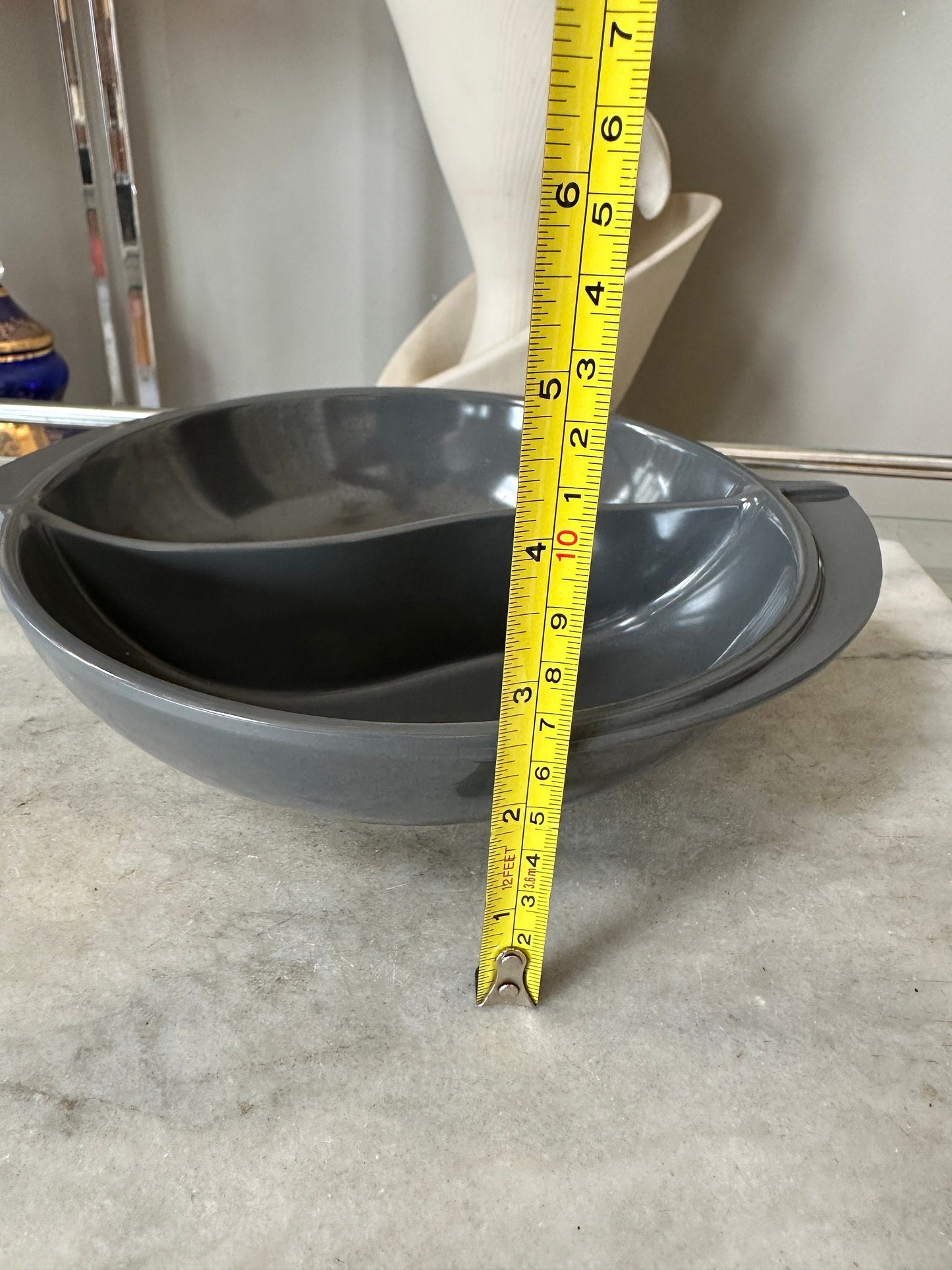 Vintage Boonton Melamine Bowls: Grey Divided Serving Bowl & White Bowl Set