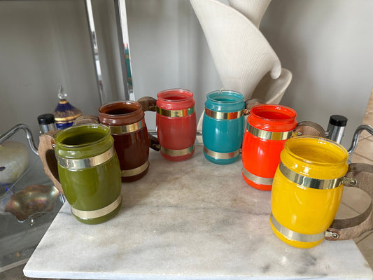 Set of 6 Siesta Ware Glass Beer Mugs with Wooden Handles: Vintage Barware