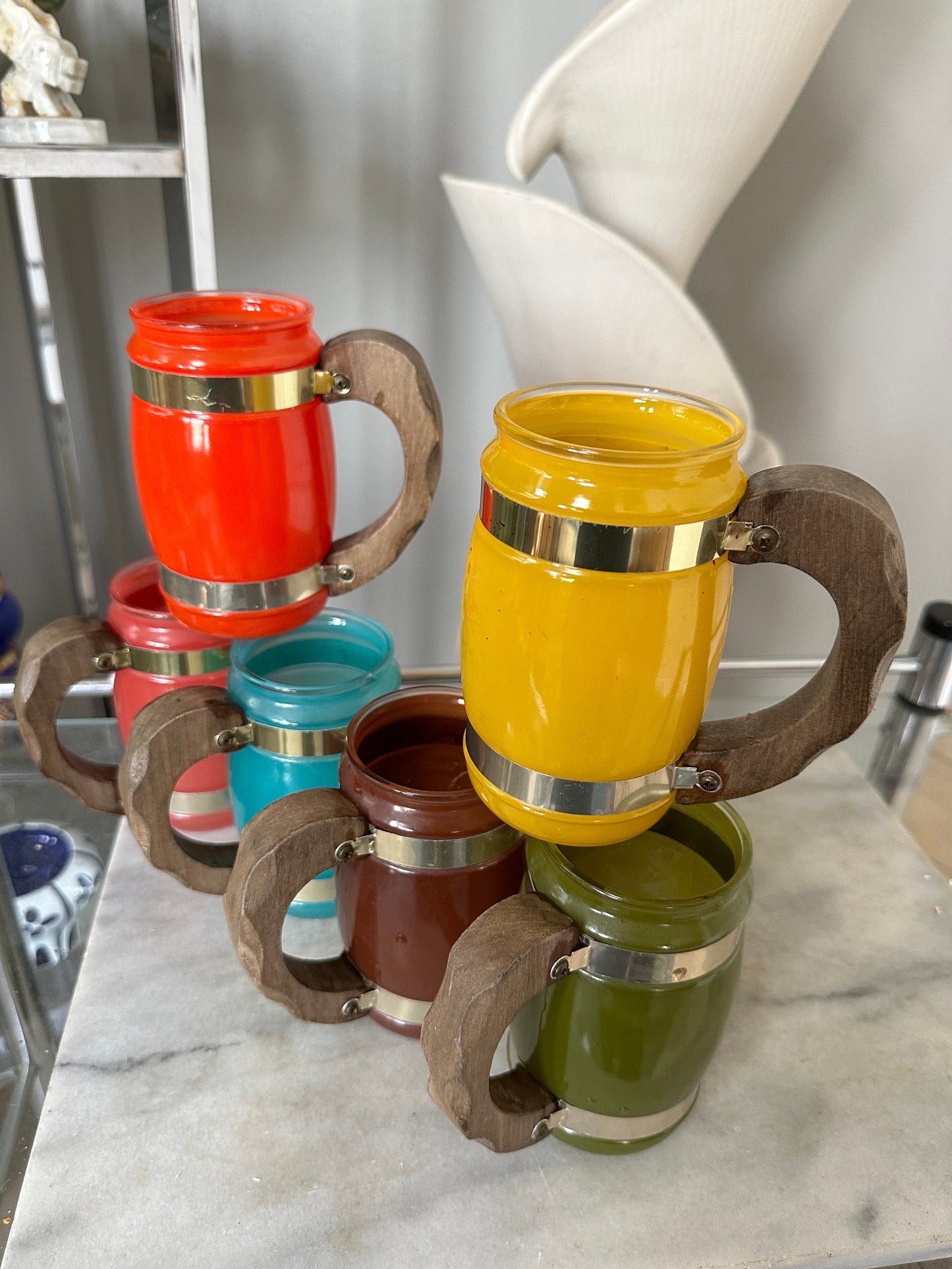 Set of 6 Siesta Ware Glass Beer Mugs with Wooden Handles: Vintage Barware