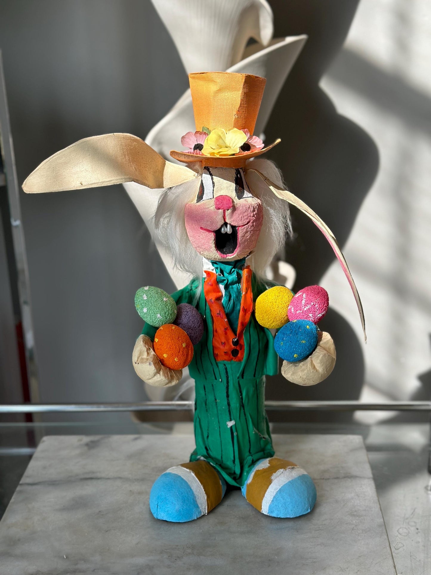 Handcrafted Paper Mâché Easter Bunny: Green Suit & Top Hat, 18" Whimsical Spring Decor